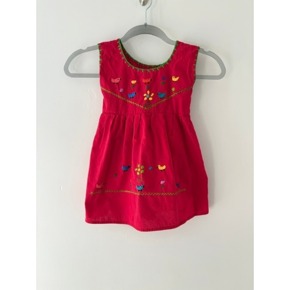Vintage Red Hand Embroidered Bird Floral Cotton Kids Dress Sleeveless Back Tie